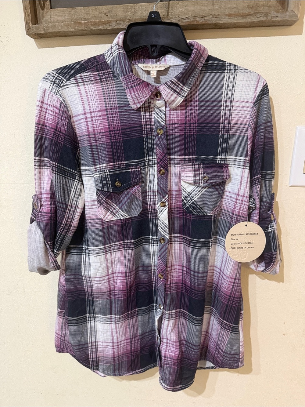 Eden & Olivia Pink, Charcoal & White Plaid Roll-Tab Flannel Shirt